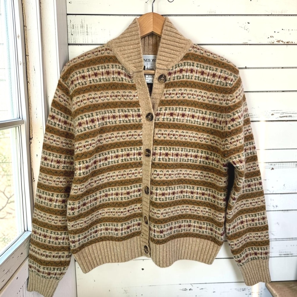 Vintage Cardigan L Tan Lambswool Angora Fair Isle Shawl Collar Striped Earthy